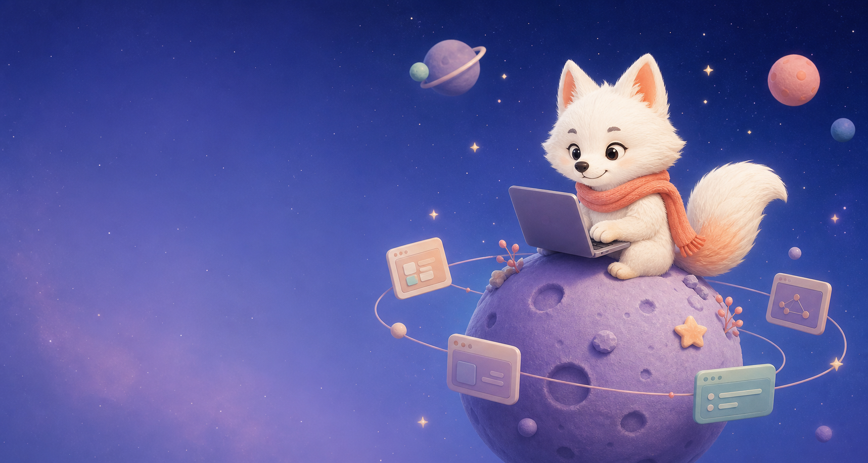 A fluffy arctic fox building apps on a small purple planet