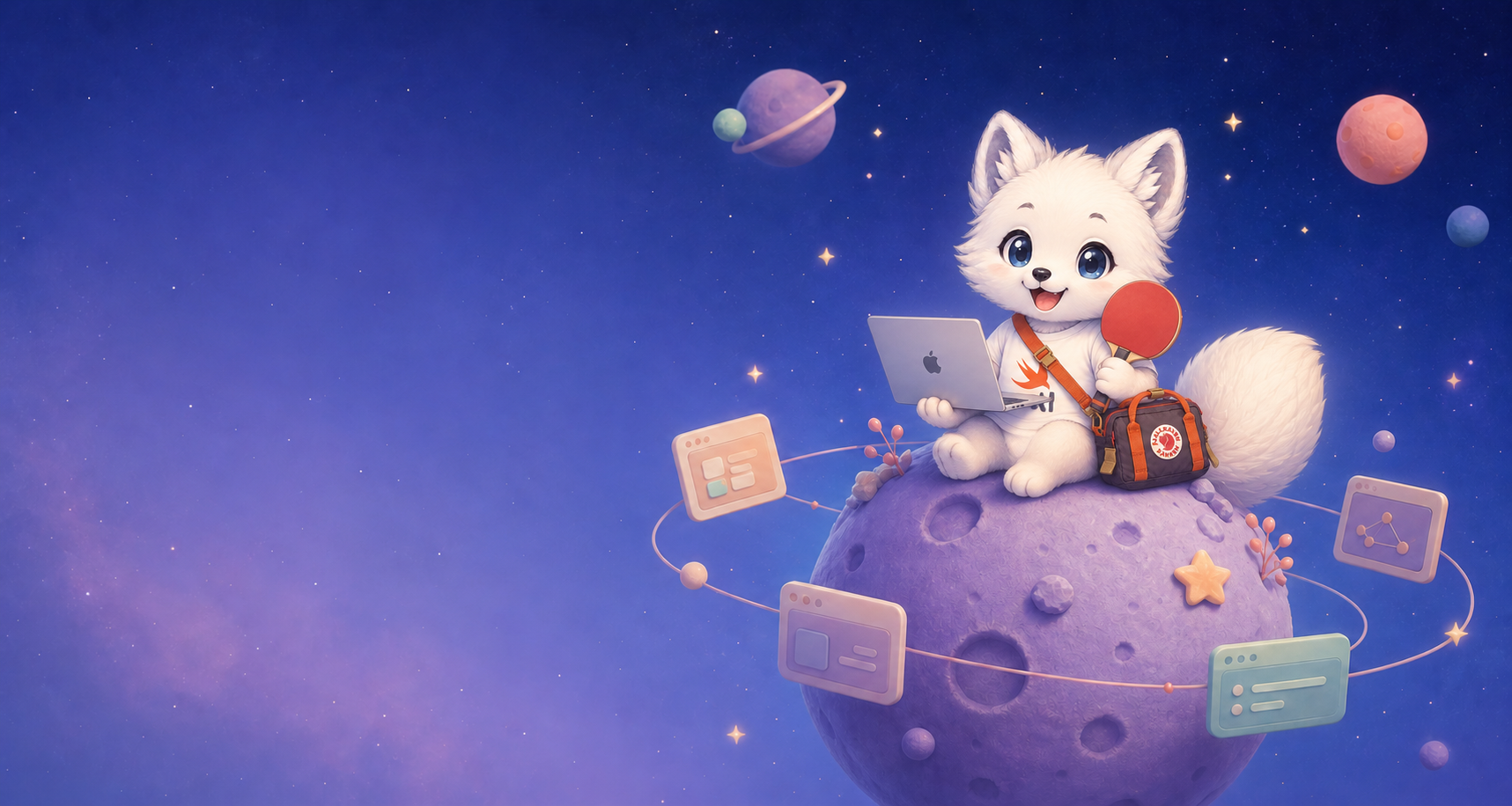 A fluffy arctic fox building apps on a small purple planet